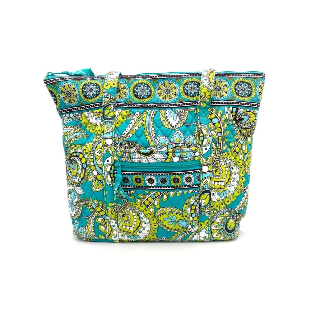 Vera Bradley Peacock Quilted Zip Tote Bag Lime Blue Green Paisley Retired Cotton